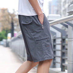 Cotton Cargo Shorts Men's Lightweight Breathable Solid Color Drawstring Waist with Zipper Pockets Casual Summer Short Pants