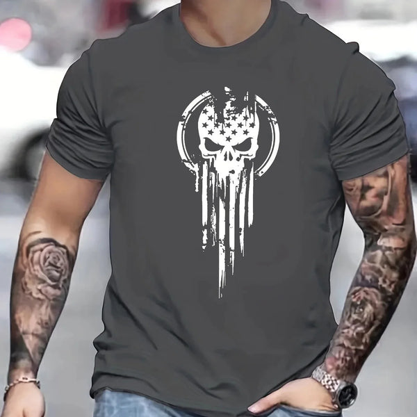 Men's Summer Loose Size 100% Cotton Skull Print Casual Slim Fit Round Neck Short Sleeve T-shirt Top O-neck Pactwork Casual T