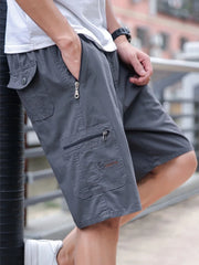 Cotton Cargo Shorts Men's Lightweight Breathable Solid Color Drawstring Waist with Zipper Pockets Casual Summer Short Pants