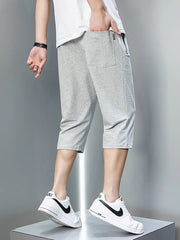 Summer Zip Pockets Sweat Shorts Men Sportswear 3/4 Capris Pants Breathable Cotton Straight Breeches Short Pants Big Size 8XL