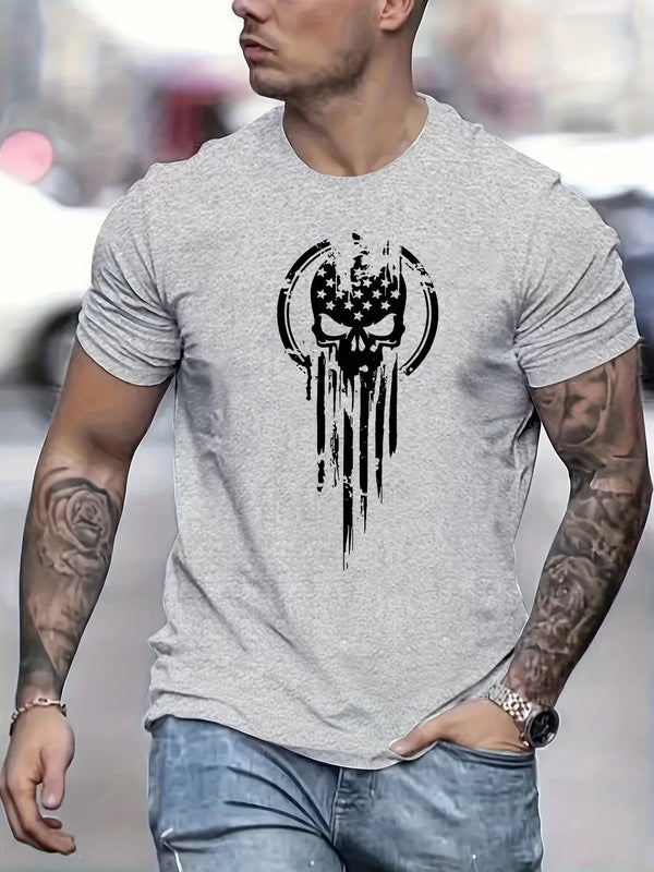 Men's Summer Loose Size 100% Cotton Skull Print Casual Slim Fit Round Neck Short Sleeve T-shirt Top O-neck Pactwork Casual T
