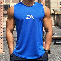 Summer New Trend Men's Pullover Round Neck Mesh Bottom Shirt Sports Fitness Swimming Running Shirt Sleeveless Vest Quick  Dry